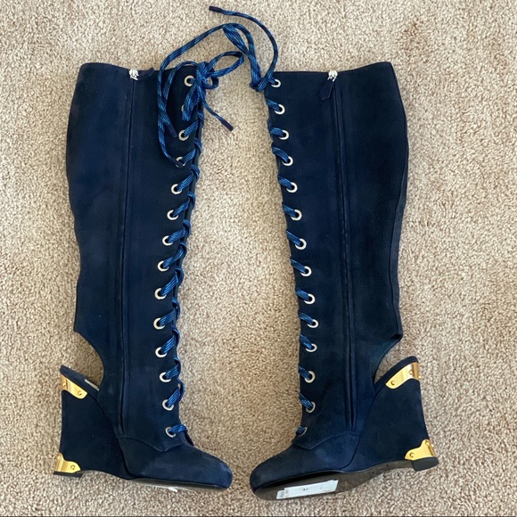 Prada Blue Suede Lace Up Boots - Picture 4 of 11